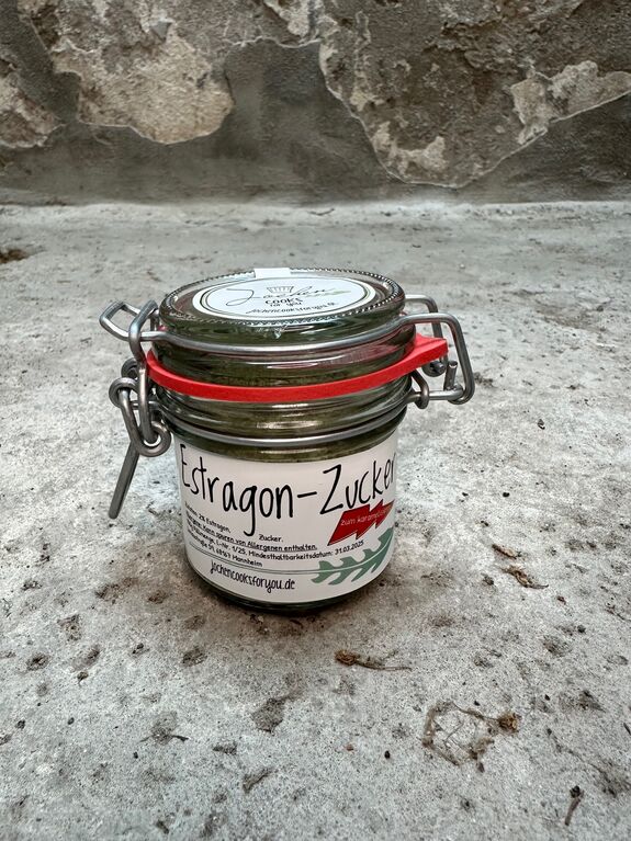 Estragon Zucker. Im Bügelglas. Produktfoto