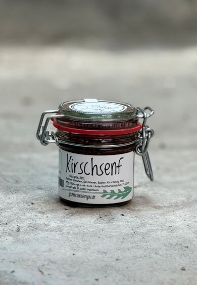 Kirsch Senf im Bügelglas.